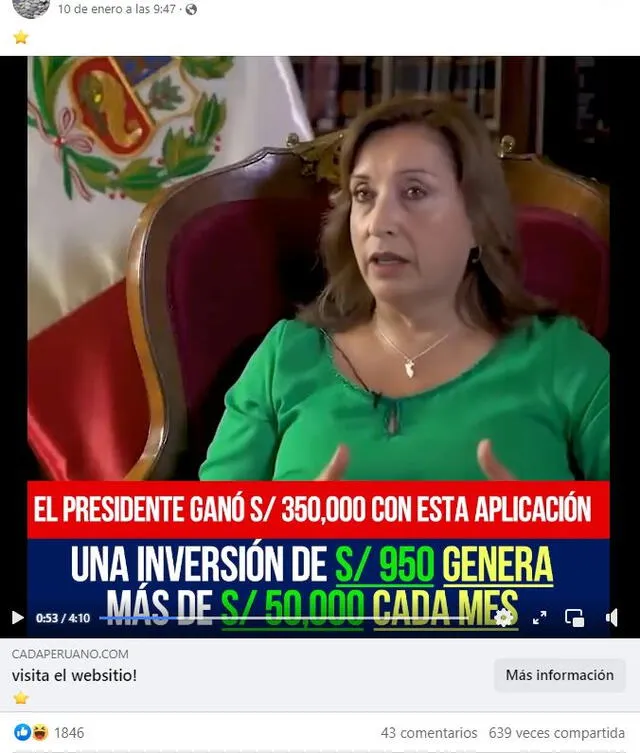  Desinformación que involucra a Dina Boluarte y a la conductora en 'TV Perú noticias' Carla Mendoza. Foto: captura en Facebook.   