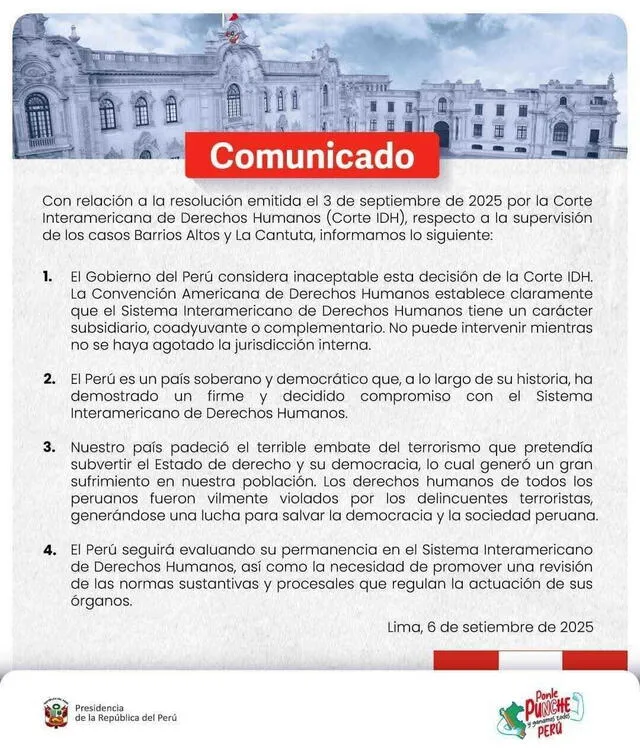 Comunicado del Gobierno de Dina Boluarte rechaza resolución de la Corte IDH y la califica de "inaceptable". Foto: difusión Comunicado del Gobierno de Dina Boluarte rechaza resolución de la Corte IDH y la califica de "inaceptable". Foto: difusión