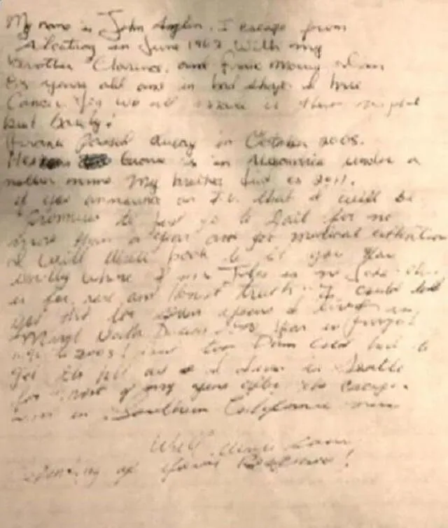 Carta de uno de los presos fugitivos.