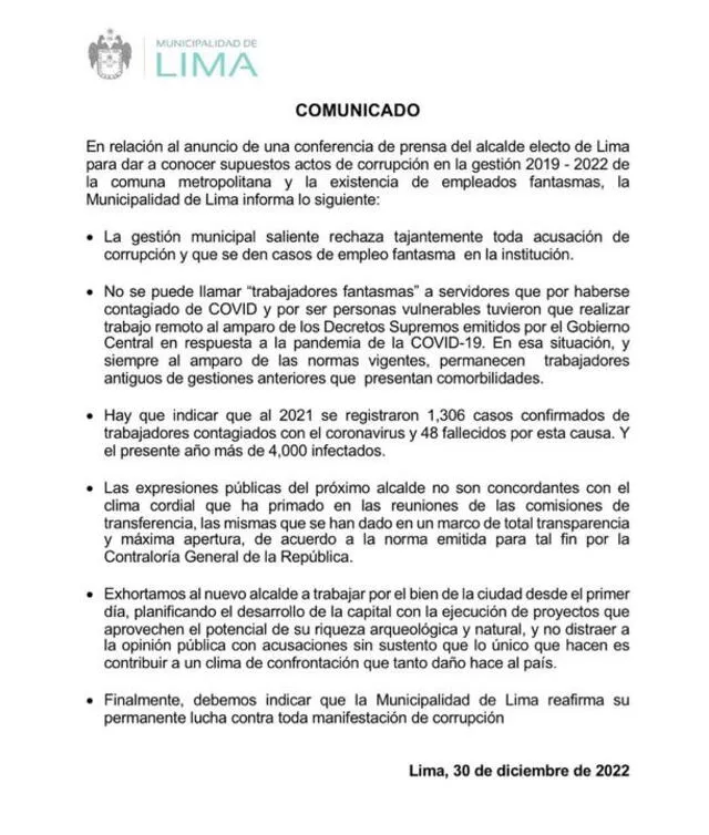 Comunicado de la gestión actual de la Municipalidad de Lima sobre trabajadores fantasma y presuntos actos de corrupción