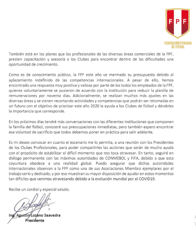 Carta de la Federación Peruana de Fútbol (FPF)
