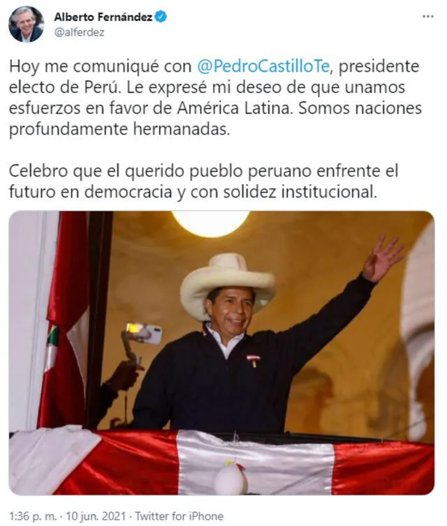 Tuit de Alberto Fernández expresando apoyo a Pedro Castillo. Foto: captura Twitter