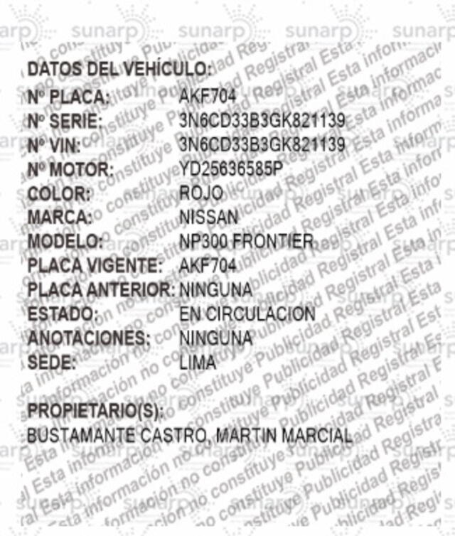 Registro en Sunarp de la propiedad de la camioneta a nombre de Martín Bustamante. Foto: Captura Consulta Vehicular de Sunarp.