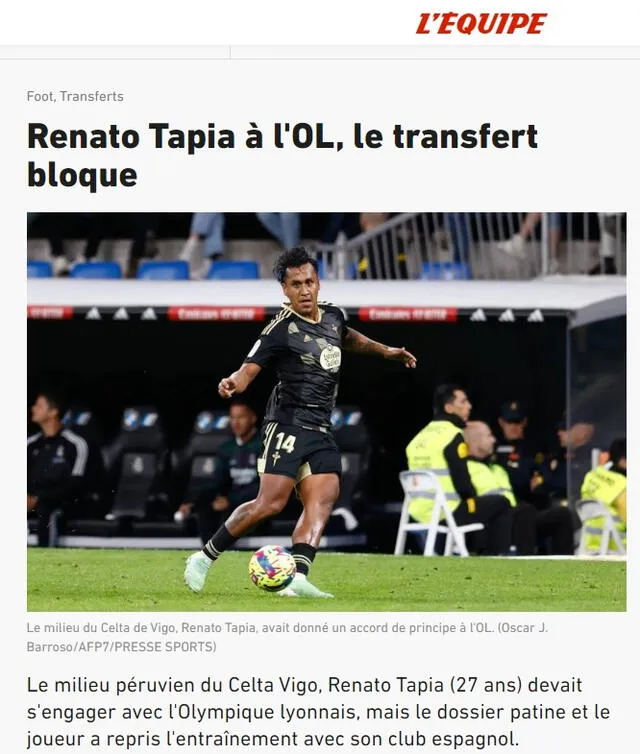 En las últimas horas surgieron complicaciones con el fichaje de Tapia por Lyon. Foto: captura de L'Équipe   