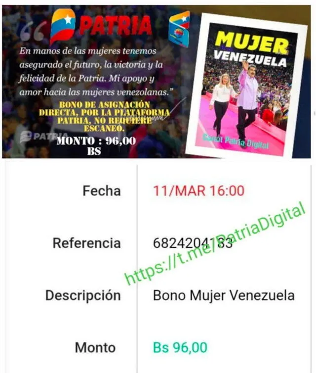  El Bono Mujer Venezuela 2023 se pagó desde el 10 al 20 de marzo. Foto: Canal Patria Digital/Telegram   