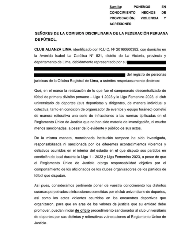 Oficio de Alianza Lima en el cual pide sancionar el Monumental. Foto: Alianza Lima   