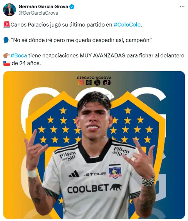  Carlos Palacios se encuentra en la mira de Boca Juniors desde hace varios meses. Foto: Twitter/Germán García   