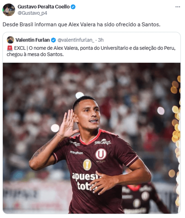 Alex Valera podría llegar a Santos FC. Foto: captura de X   