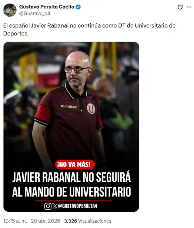 Javier Rabanal no continuará bajo la dirección técnica de Universitario. Foto: Gustavo Peralta/X  