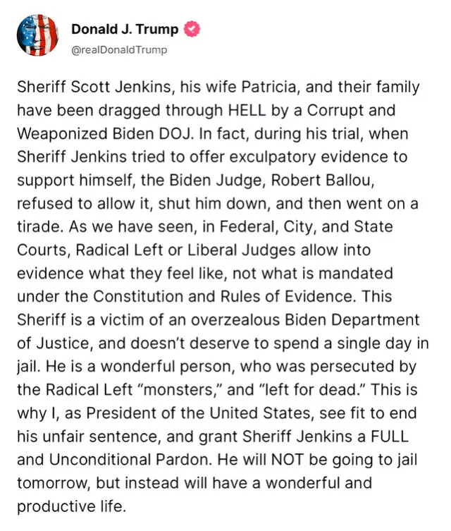Trump on Truth Social: “Sheriff Jenkins will NOT be going to jail tomorrow”, calls him a victim of Biden’s DOJ. Photo: Donald Trump Truth Social account Trump on Truth Social: “Sheriff Jenkins will NOT be going to jail tomorrow”, calls him a victim of Biden’s DOJ. Photo: Donald Trump Truth Social account