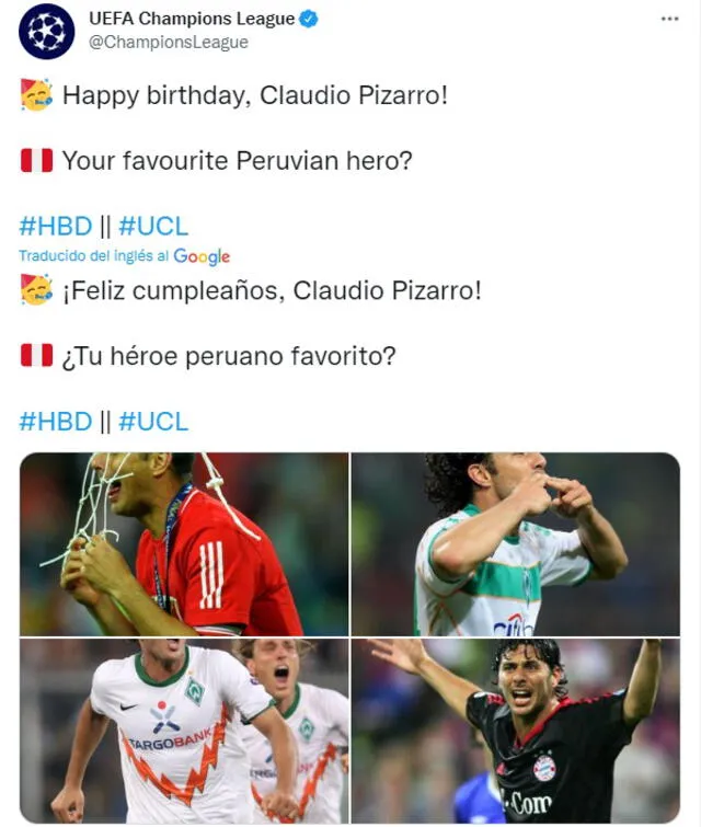 Claudio Pizarro es el peruano con más partidos en el torneo. Foto: captura de @ChampionsLeague/Twitter