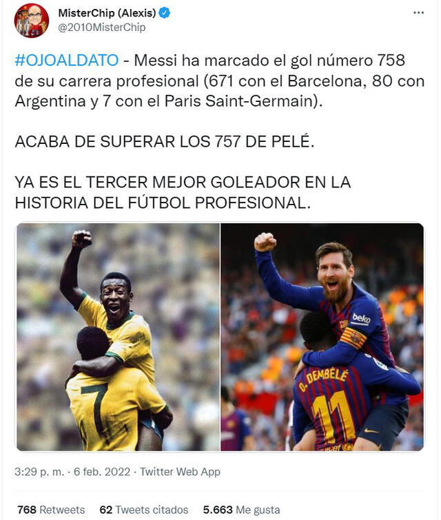 Lionel Messi superó a Pelé. Foto: Twitter/Mister Chip