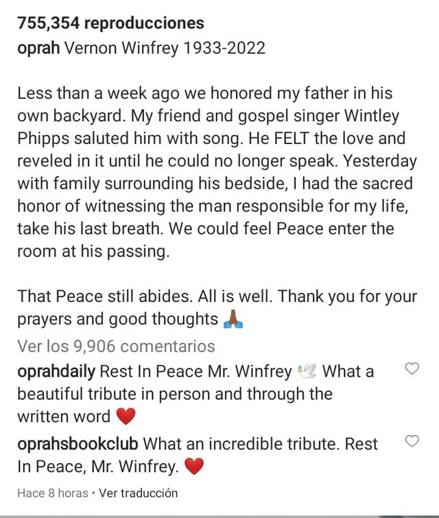 Mensaje en la publicación de Oprah para despedir a su padre.