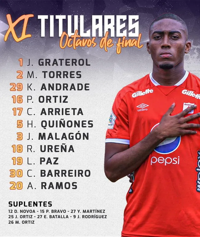 Los 11 de América de Cali para jugar ante Paranaense. Foto: difusión