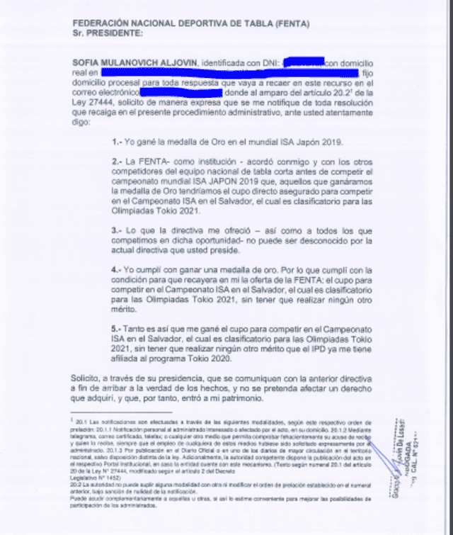 Carta de Sofía Mulanovich a FENTA.