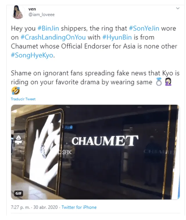 Seguidores de Song Hye Kyo recordaron que la actriz es imagen de la marca francesa Chaumet desde 2018.
