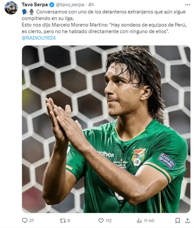 Marcelo Martins sobre una posible llegada a la Liga 1. Foto: X.   