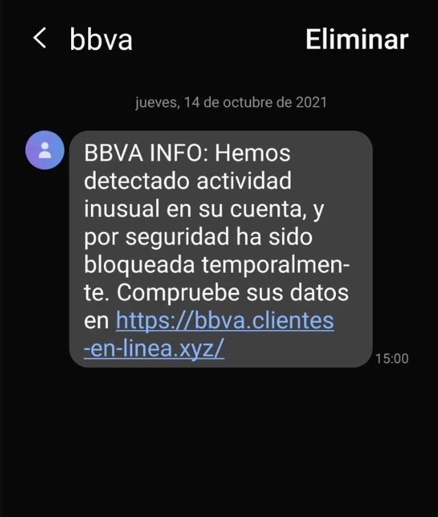 Ejemplo de 'smishing'. Delincuentes envían un vínculo en el que solicitan los datos de la tarjeta débito o crédito. Foto: BBVA   