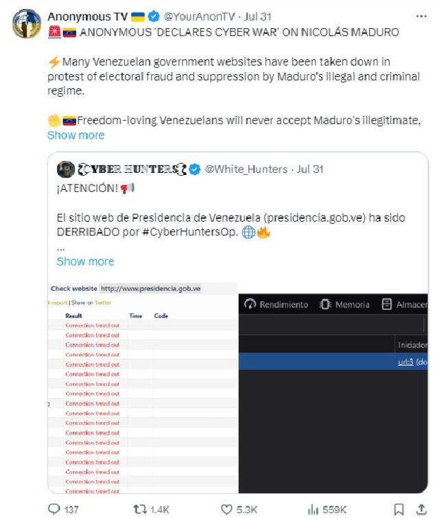 Anonymous también evidenció los datos de la presidencia de Venezuela. Foto: X.   