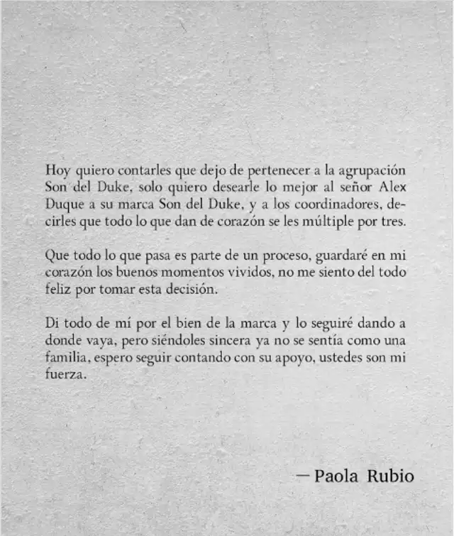 Comunicado de Paola Rubio.    