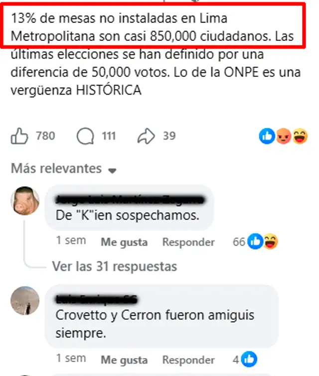 Publicación señala que más de 800 mil personas no pudieron votar, pero ese dato es falso. Foto: Facebook  