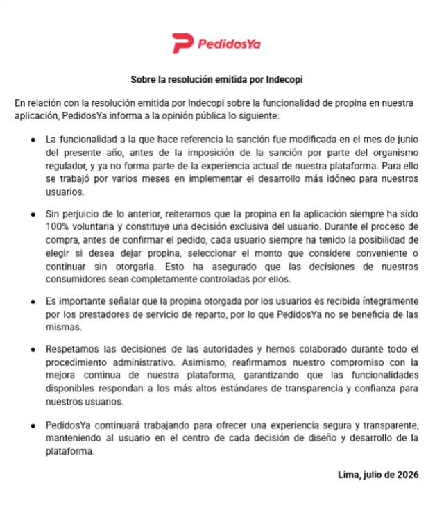 Pedidos Ya responde a sanción Pedidos Ya responde a sanción
