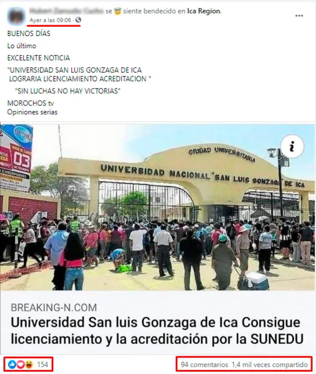 Posteo viral que asegura que la Gonzaga de Ica obtuvo el licenciamiento de la Sunedu. FOTO: Captura de Facebook.