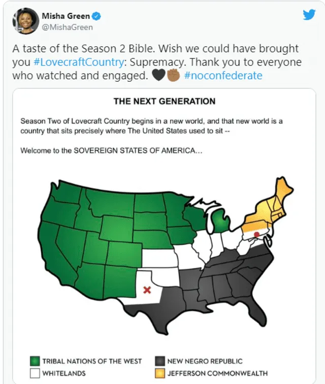los Estados Soberanos de América es el nombre de la nueva nación que iba a aparecer en la segunda parte de Lovecraft country. Foto: TW @MishaGreen