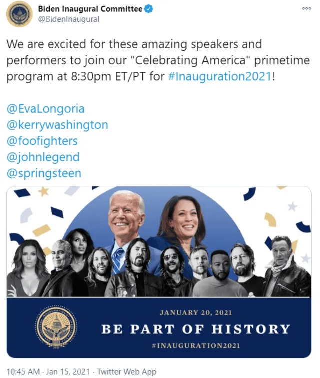 Tuit del Comité de Inauguración de Biden. Foto: Captura de Twitter