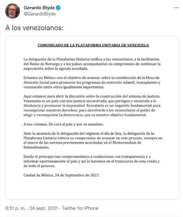 Tuit de Gerardo Blyde, representante de la Plataforma Unitaria (oposición) en el diálogo en México. Foto: captura Twitter
