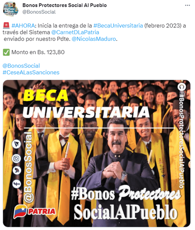  Inicia la entrega de la Beca Universitaria correspondiente al mes de febrero 2023. Foto: Twitter/Bonos Social   