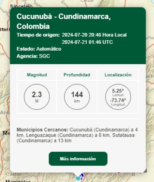 Información del último sismo en Colombia. Foto: SGC   