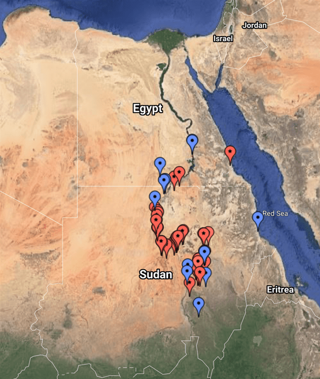 Son numerosas y están distribuidas en lugares como Meroe, Jebel Barkal y Nuri. Foto: Google Maps.   