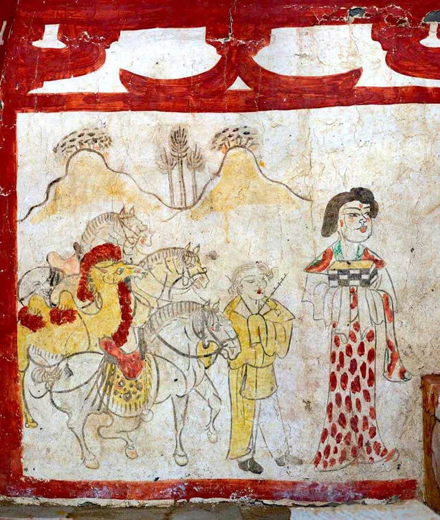  Según los investigadores, puede verse a un hombre con facciones occidentales y el pelo rubio en este mural. Foto: Instituto Provincial de Arqueología de Shanxi   