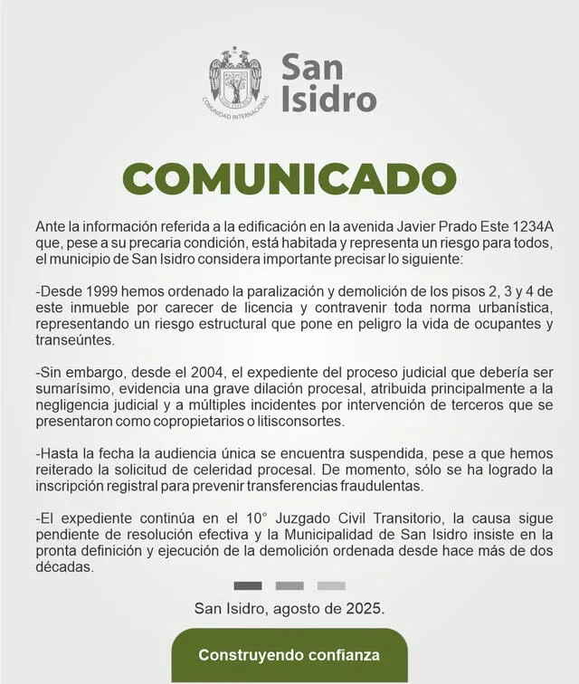 Comunicado de la Municipalidad de San Isidro.   