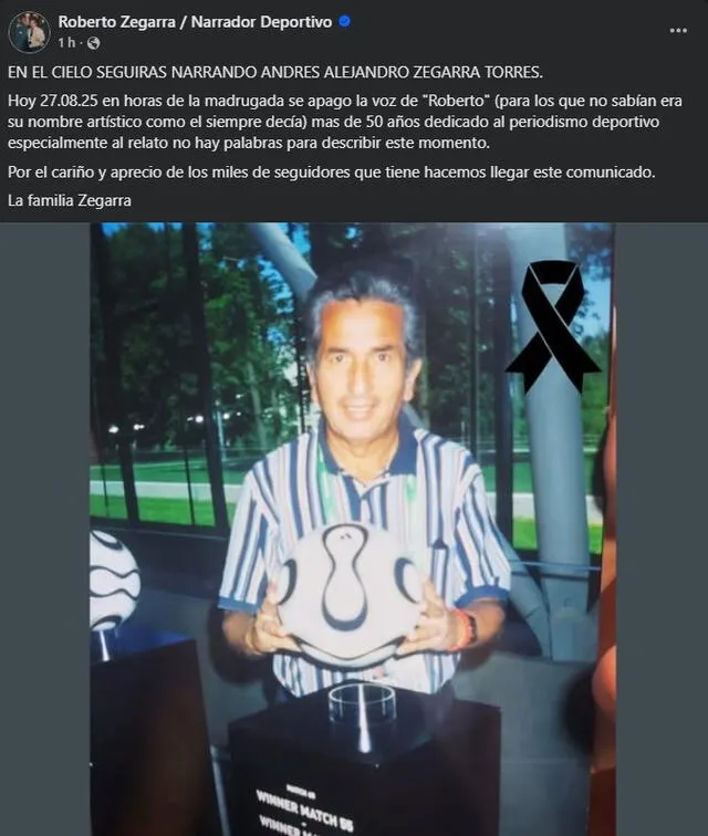  Mensaje de la familia de Roberto Zegarra. Foto: captura de Facebook   