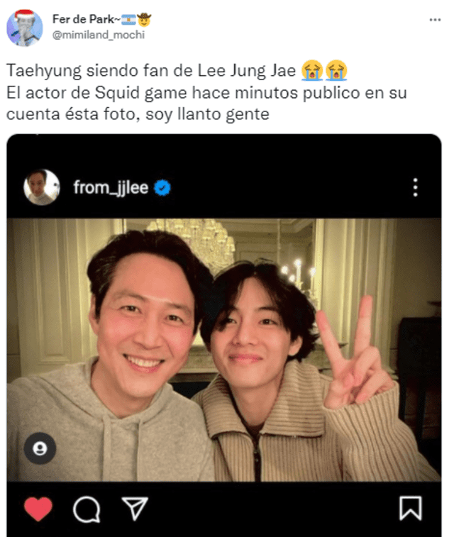 Reacción de ARMY ante la selfie de Lee Jung Jae de El juego del calamar y Taehyung de BTS. Foto: captura/Twitter