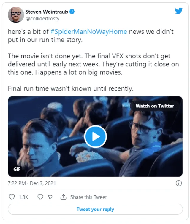 Steven Weintraub del medio Collider, anuncia que Spider-Man: no way home aún no está terminada. Foto: captura Twitter
