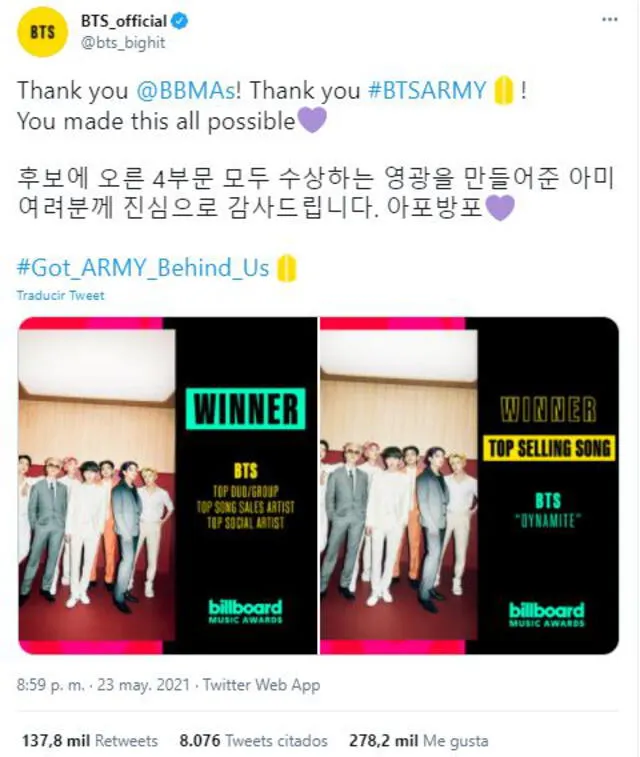 BTS agradece sus cuatro premios en los Billboard 2021. Foto: Twitter