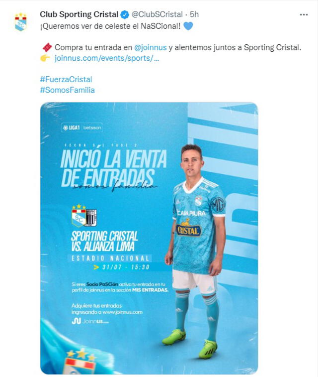 Las entradas para el Cristal vs. Alianza se venderán a través de la página web de Joinnus. Foto: captura de @ClubSCristal