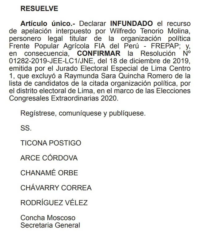 Resolución del Jurado Nacional de Elecciones que dejó fuera de la competencia electoral a Raymunda Quincha Romero.