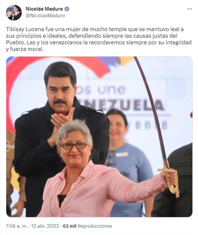 El presidente Nicolás Maduro también le dedicó unas palabras a quien fue su aliada y pieza clave de su reelección, en 2018. Foto: Twitter/Nicolás Maduro.