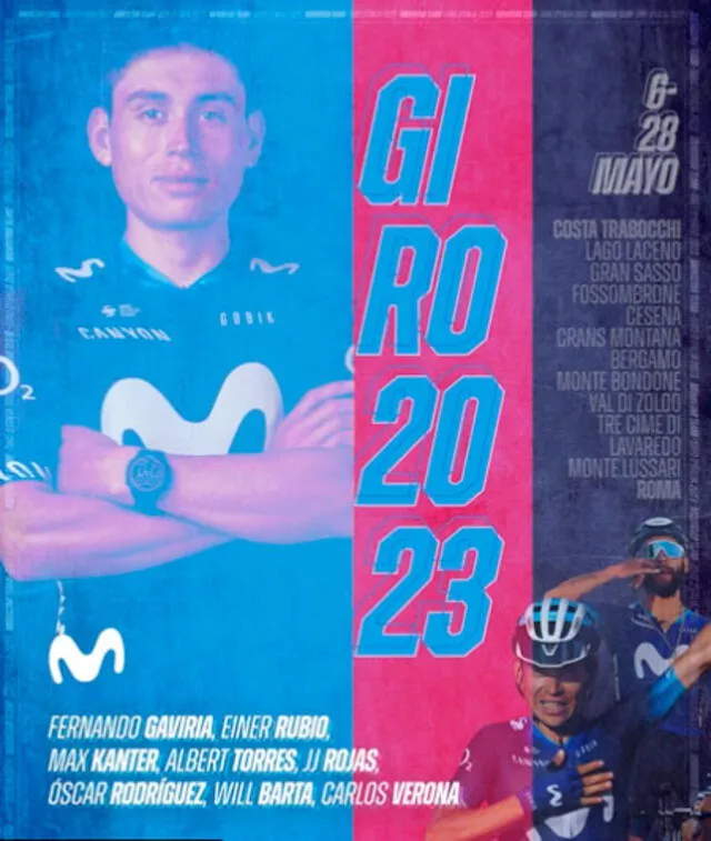 Alineación del Movistar Team para el Giro de Italia, con Einer Rubio como uno de los líderes. Foto: Movistar_Team/Twitter   