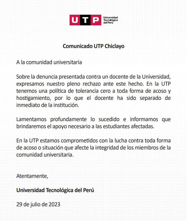 Comunicado de la UTP Chiclayo   