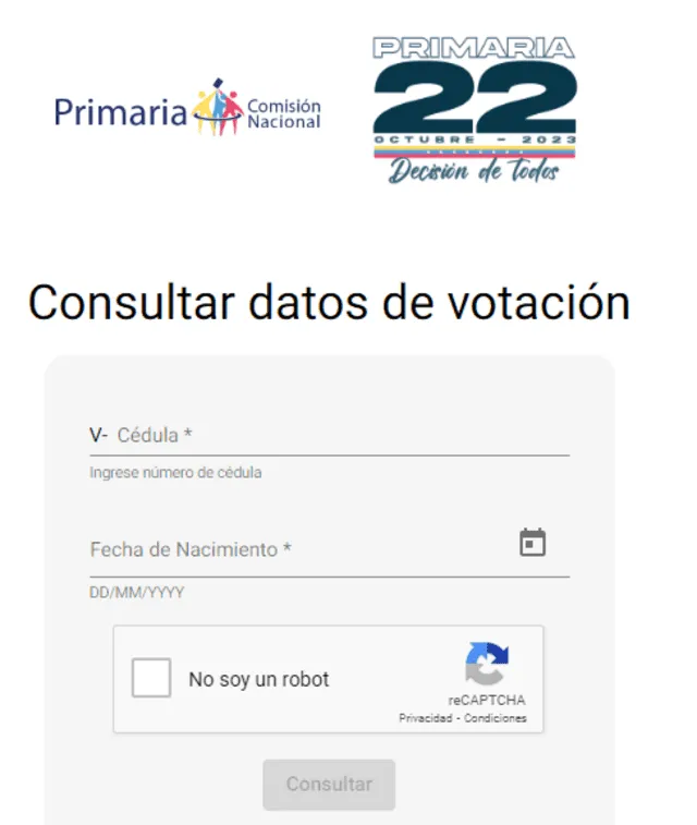 Así se muestra la web en la que se consulta el local de votación. Foto: buscadorprimaria2023.com 