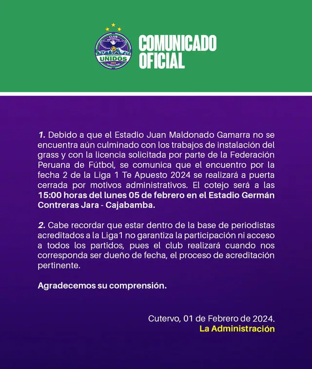 Comunicado de las águilas cutervinas sobre el estadio. Foto: Comerciantes Unidos   