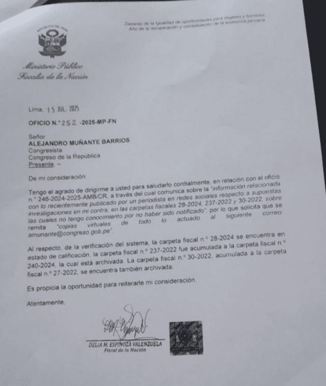 Carta notarial de Alejandro Muñante. Carta notarial de Alejandro Muñante.