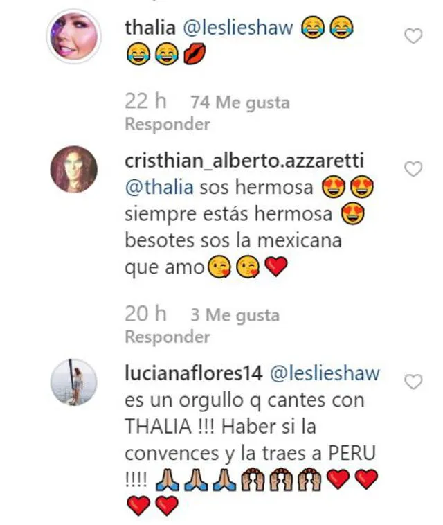 Comentarios de usuario en publicación de Thalía
