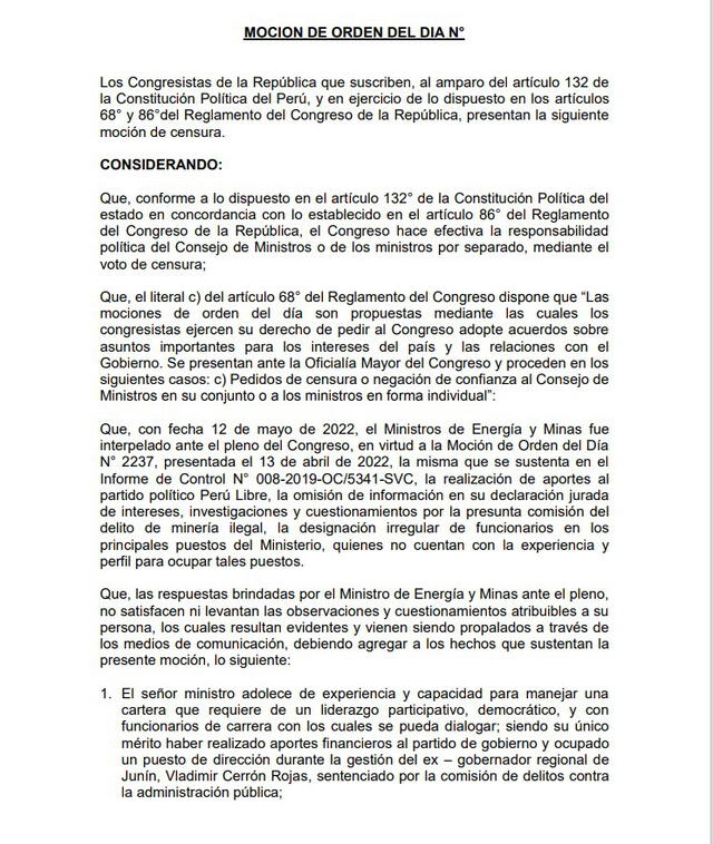 A la moción de censura impulsada por Lady Camones contra Carlos Palacios le faltan 19 firmas pata oficializarse. Foto: captura de la moción de orden del día