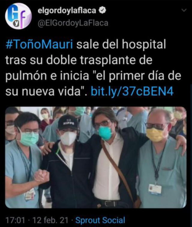 Toño Mauri sale del hospital. Foto: El gordo y la flaca / Twitter